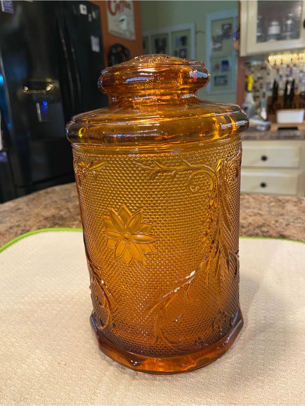 Indiana Glass Amber-Orange Floral Embossed Glass Canister with Lid